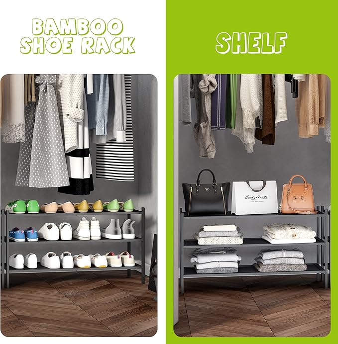BMOSU 3-Tier Bamboo Extended Shoe Rack Premium Stackable Shoe Shelf Storage Organizer for Hallway Closet Living Room Entryway Organizer(Black)-NeatNest