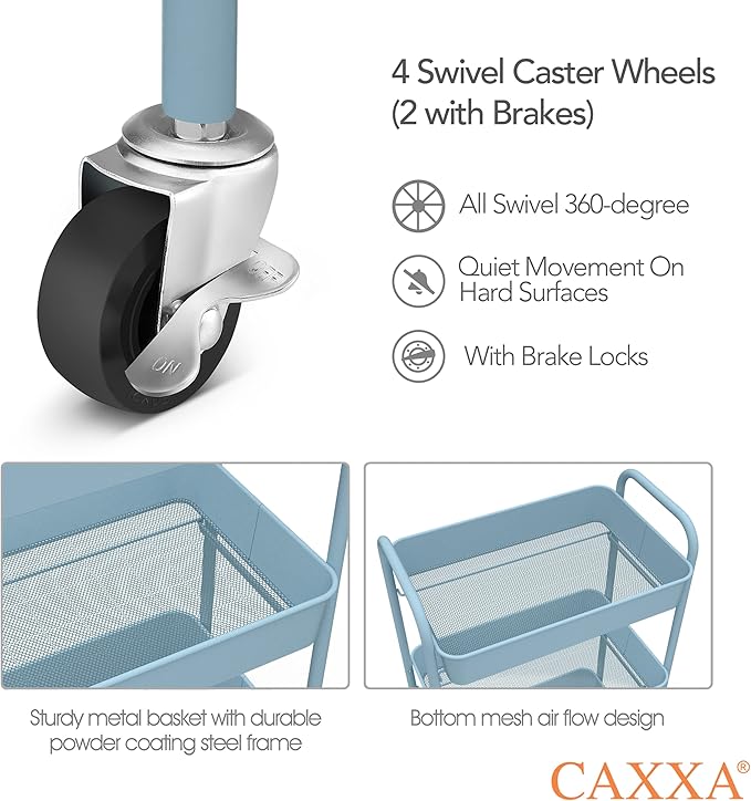 CAXXA 3-Tier Rolling Metal Storage Organizer - Mobile Utility Cart with Caster Wheels, Blue-NeatNest