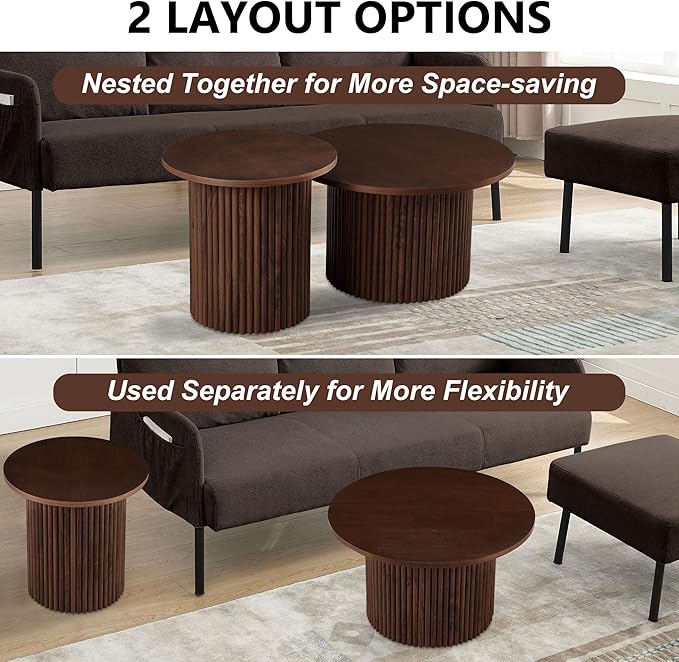 2-Piece Nesting Coffee Side Table Set of 2, Round Nightstand End Table with Fluted Wood Strip Base,Engineered Wood Nesting Tabletop with Solid Walnut Wood Veneer, Elegant Side Table