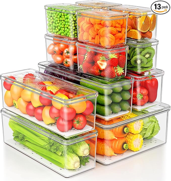 13 Pack Fridge Organizers Bins and Storage, PBA Free Refrigerator Organizer with Lids, Stackable Food Storage Bins for Kitchen, Countertops, Cabinets, Fridge, Drinks, Fruits, Vegetable