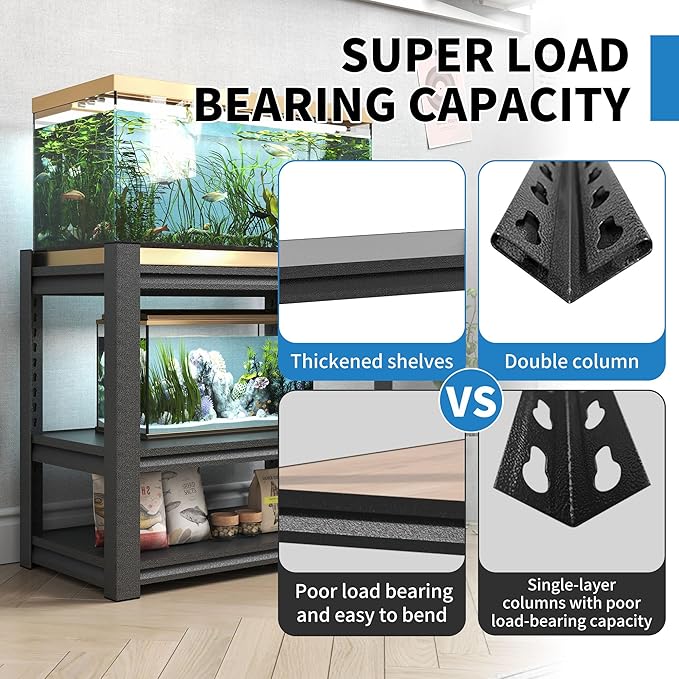 3 Tier Metal Shelving Unit, Aquarium Shelf System, Small Storage Organizer Racks for Basement Garage Laundry Utility Shelving (Black)-NeatNest