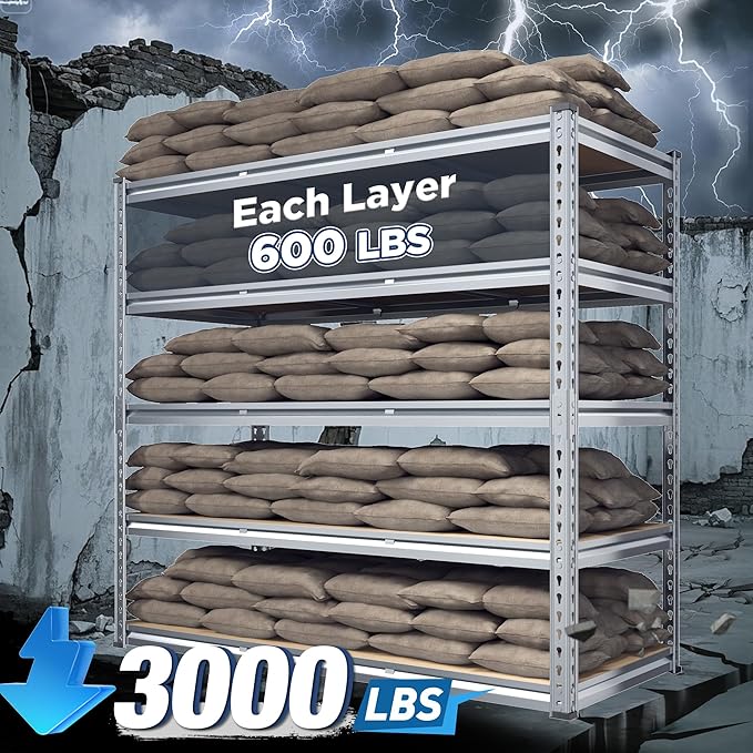 REIBII Garage Shelving, 5 Tier Storage Shelves Load 3000LBS, Adjustable Garage Shelving Heavy Duty, Metal Shelves Unit for Basement, Warehouse, 48" W x 72" H x 18" D, Galvanized-NeatNest