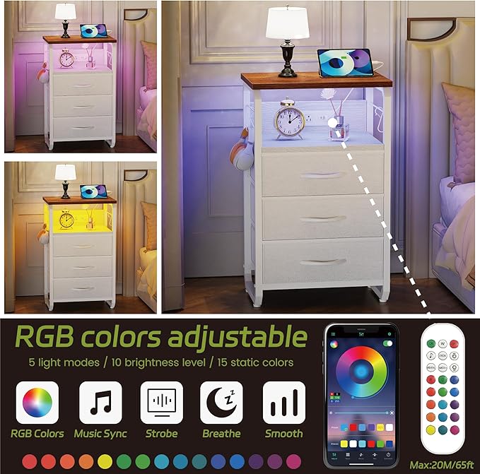 Bed Side Table with 3 Fabric Drawers, Night Stand with Charging Station, LED Nightstand with Hooks, Bedside Table End Table with Storage, Night Table for Living Room, Bedroom Walnut-NeatNest