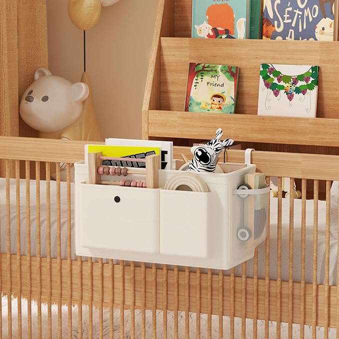 Bedside Caddy Bedside Organizer with Fixed Straps & Water Bottle Holder, Bunk Bed Caddy ideal for Home, Dorm, Hospital, Crib, Versatile Bedside Storage Solution (White)-NeatNest