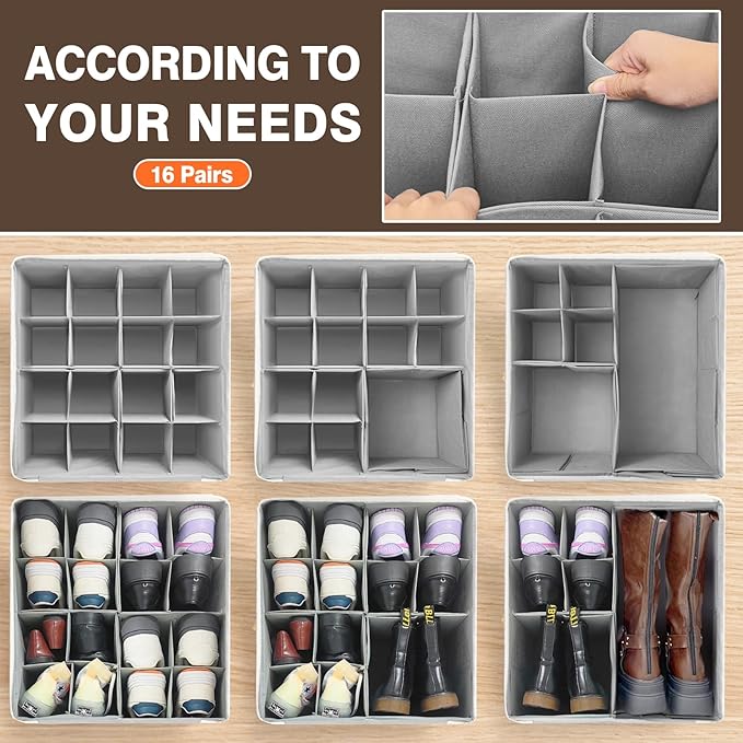 Fabric Shoe Organizer Storage Box for Closet, Fits 16 Pairs Large Shoe Storage Containers Sneaker High Heel Storage Box Bins Space Saving Shoe Storage Organizer Basket with w/Adjustable Dividers, Grey-NeatNest