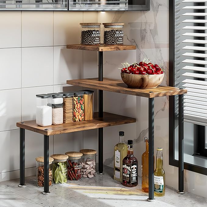 Countertop Organizer Organization 3 Tier Kitchen Corner Shelves Adjustable Spice Storage Rack for Bathroom Coffee Area Over Sink (Black)-NeatNest