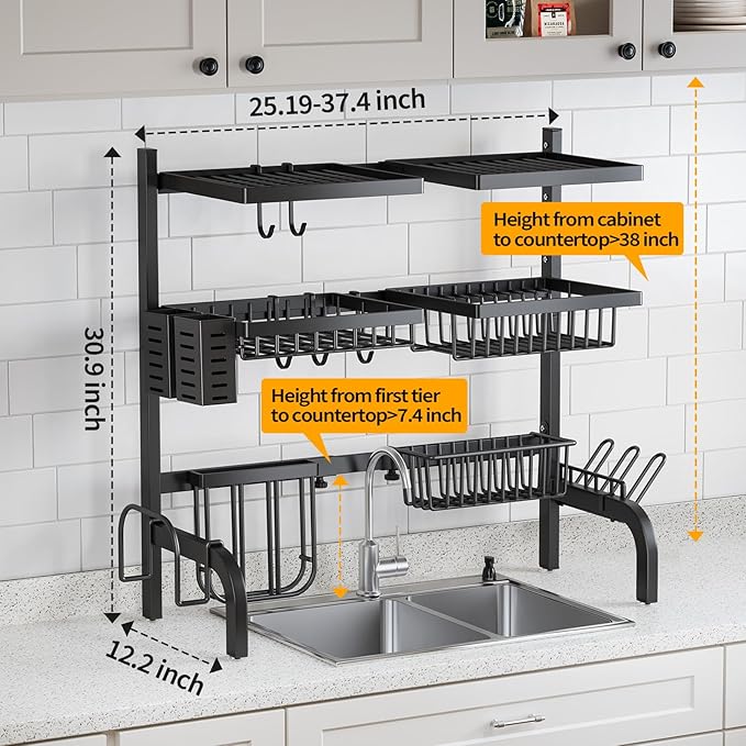 Over The Sink Dish Drainer Drying Rack,Large Over Sink Dish Drying Rack,3 Tier Dish Rack Over Sink Counter with Storage Baskets,Above Sink Dryer Racks with Adjustable Size L(25.19"-37.4")*H30.9"