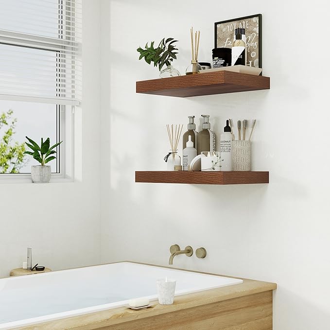 Heimlove 12" Deep Floating Shelves for Wall, 24 Inch Wall Shelf Bathroom Shelves Set of 1, Wall Mounted Shelves for Books Living Room Laundry Room Bedroom Kitchen Home Office, Walnut-NeatNest