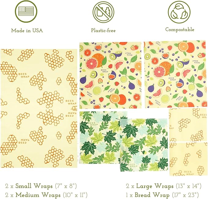 Bee's Wrap Beeswax Wraps for Food - Assorted 7 Pack (2S, 2M, 2L, & 1 Bread) Made in USA Reusable & Organic Food Wraps & Bowl Covers - Eco-Friendly Alternative to Aluminum Foil & Plastic Wrap-NeatNest