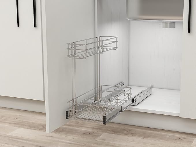Under Sink Organizer 9" W X17 D, Pull Out Cabinet Organizer 2 Tier, Under Sink Slide Out Chrome Plated, Under Kitchen Bathroom Organizer, Pantry Cabinet Closet Organization Rack, 1 Pack-NeatNest
