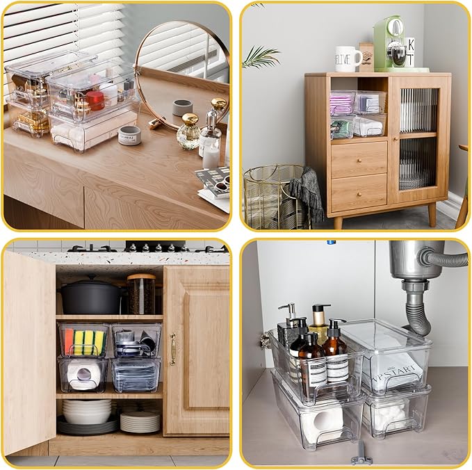 Acrylic Stackable Storage Drawers, 4Pack Clear Vanity Tool Makeup Organizer, 12"D*6.2"W*4.3"H Plastic Drawer Bathroom Storage and Organization, Desk Medicine Cabinet Bins Baby Bottle Organizer