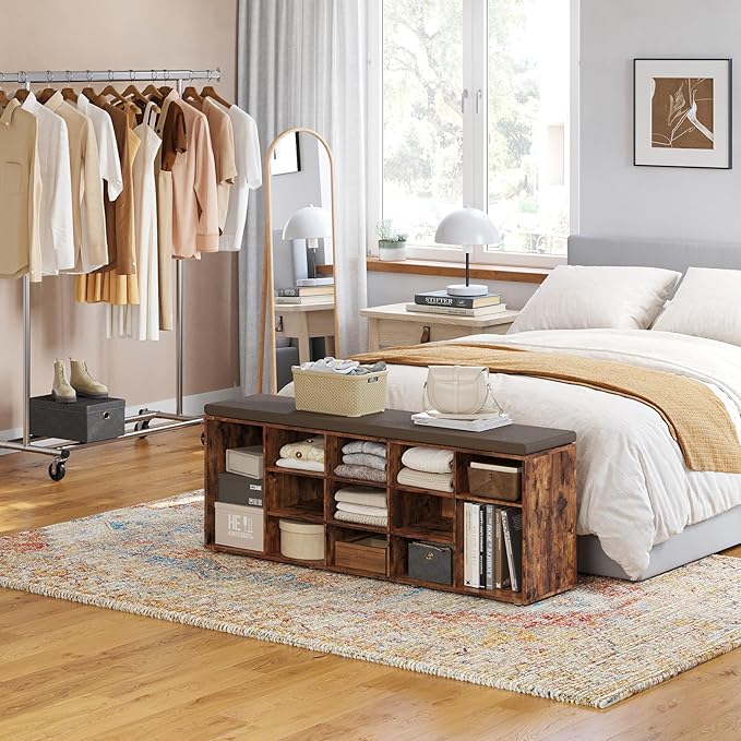 DINZI LVJ Shoe Storage Bench with Cushion, 15-Cubby Rack, Adjustable Shelves, Long Organizer Bench for Entryway, Mudroom, Hallway, Living Room, Bedroom and Garage, Rustic Brown-NeatNest