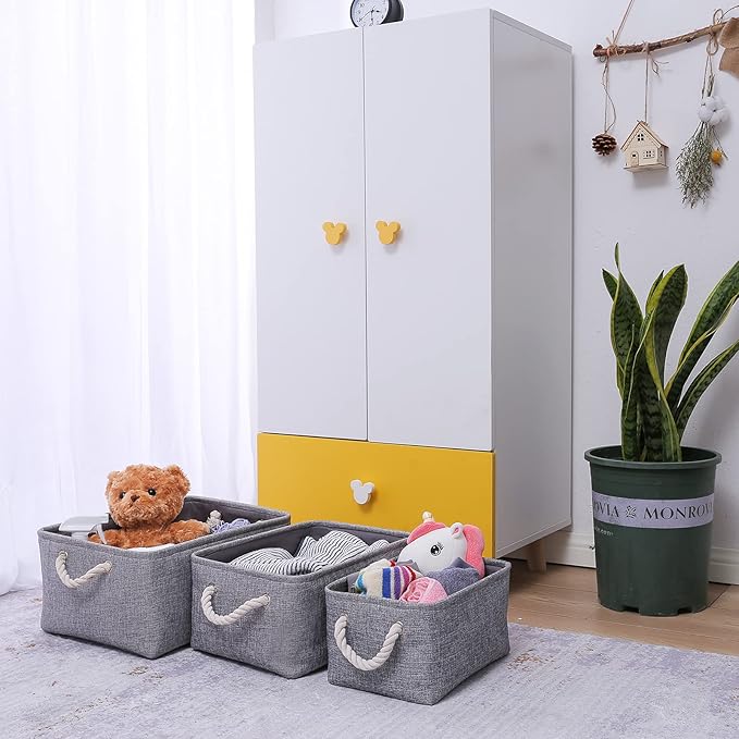 Fabric Storage Basket, Foldable Linen Storage Box for Nursery and Home, Collapsible Canvas Shelf Basket for Wardrobe or Bedroom, Grey