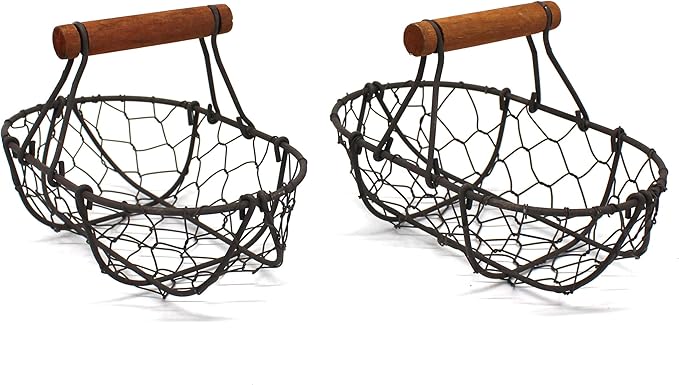 CVHOMEDECO. Chicken Wire Egg Baskets Rust Gathering Baskets with Wooden Handle Country Vintage Style Storage Baskets. Set of 2 (Oval)