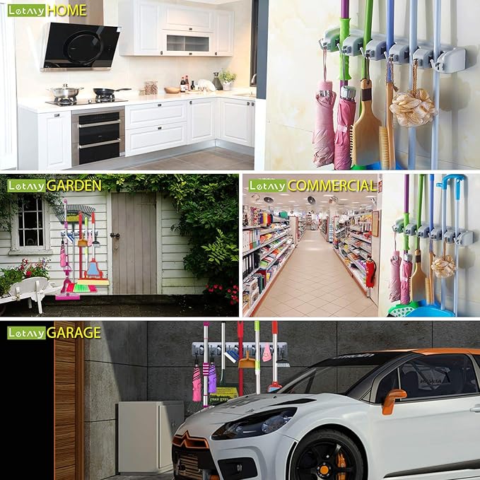 LETMY Broom Holder Wall Mounted - Mop and Broom Hanger Holder - Garage Storage Rack & Garden Tool Organizer - 5 Position 6 Hooks for Home, kitchen, Garden, Tools, Garage-NeatNest