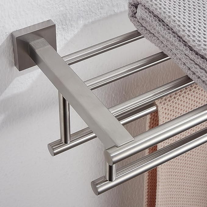 Bathroom Towel Rack 24 Inch Tower Holder with Double Towel Bar Brushed Nickel Towel Rack Wall Mounted SUS304 Stainless Steel Hotel Towel Shelf Modern Towel Hanger