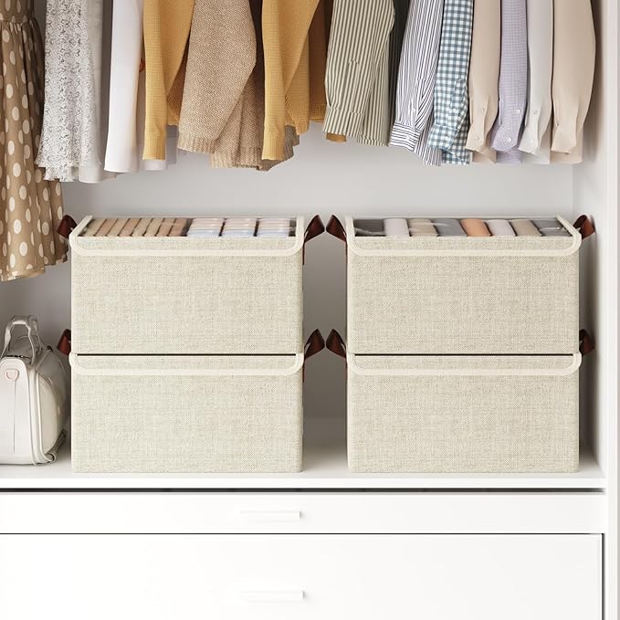 AARAINBOW Stackable Clothes Organizer Bins, 4 Packs Fabric Storage Bins with Lids, Metal Frame Fabric Boxes Foldable Closet Container for Organizing Clothes Toys, 23L (Beige)-NeatNest
