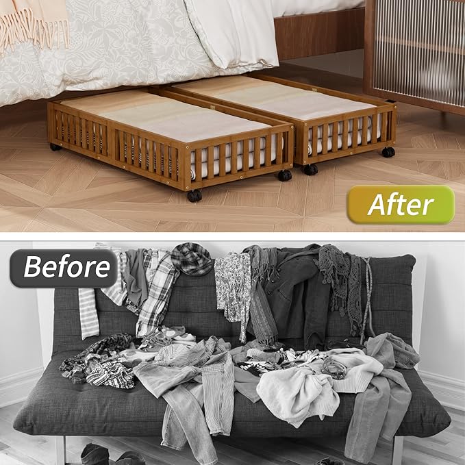 Bamboo Under Bed Storage with Wheels (2-Pack) – Rolling Underbed Shoe Organizer Box for Shoes, Blankets, Toys, Clothes Container Space-Saving Organizer Bins for Bedroom, Closet, Dorm, Nursery-NeatNest