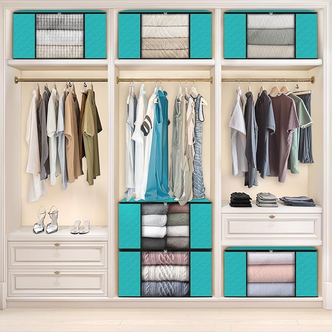 Fab totes 6 Pack Clothes Storage, Foldable Thick Fabric Blanket Storage Bags, Containers for Organizing Bedroom, Closet, Clothing, Comforter,Closet Organization with Handle,Green-NeatNest