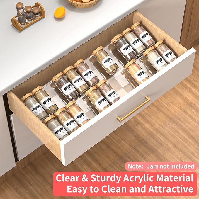 4-Tier Non-Slip Spice Drawer Organizer, 4-Pack Checkered Frosted Clear Acrylic, Expandable (11''-22'') Spice Rack for Kitchen Drawer Storage – Holds Seasonings, Herbs, and Spices (Jars Not Included)-NeatNest