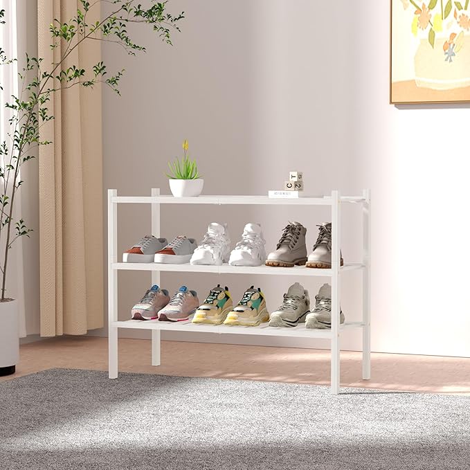 3 Tier Bamboo Shoe Rack for Closet Free Standing Wood Shoe Shelf Storage Organizer for Entryway Small Space Stackable 27"x11"x20" (White)-NeatNest