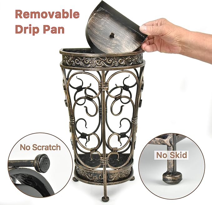 Dualplex Super Quality Umbrella Stand, Umbrella Holder Antique Look Metal Entry Hallway Décor, Wallside Style w/Removable Drip Tray Home Office Decoration Rack Holds Umbrellas Canes Walking Stick