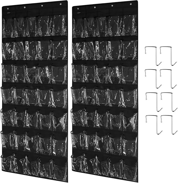 Clear Crystal 2 Pack 35 Pockets Large Hanging Shoe Organizer Over The Door Shoe Rack for Closet Door Storage Shoe Holder Hanger, 8Hooks, Black-NeatNest