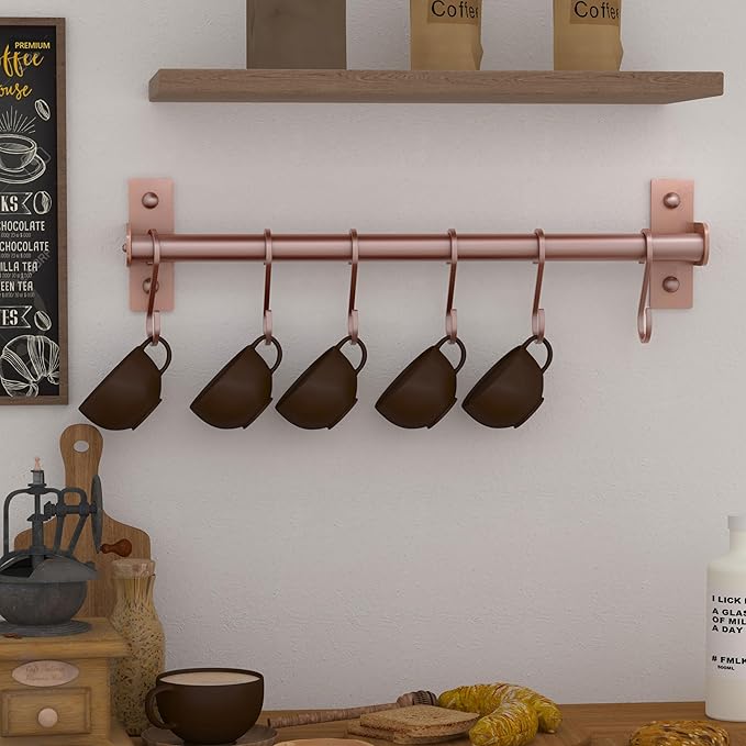 Dseap Kitchen Utensil Holder Hanger, Pot and Pan Rack Wall Mounted, Kitchen Rail with 8 Hooks for Hanging Cooking Utensils, Mugs, Spoons, Wall Mounted, Rose Gold-NeatNest