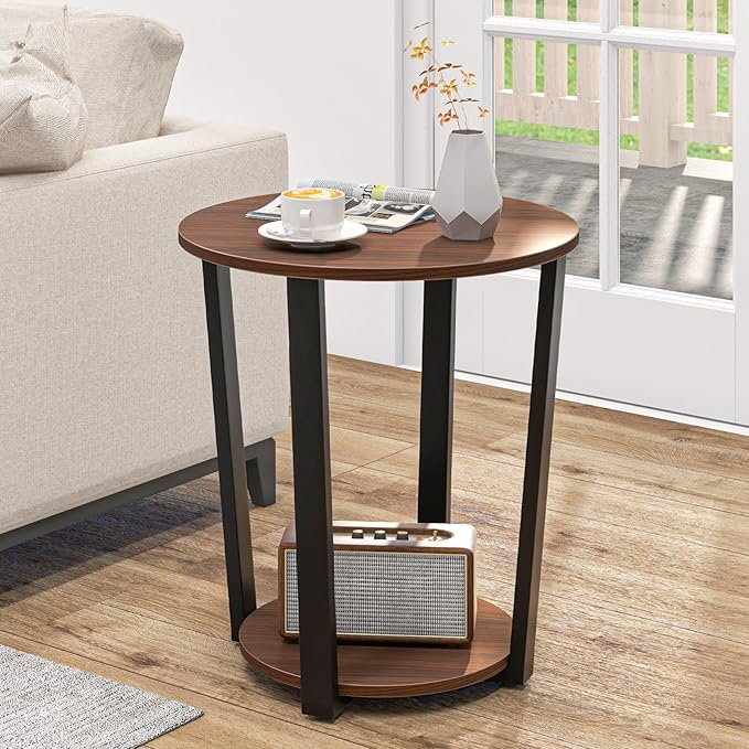 Giantex Round End Table, 2-Tier Side Sofa Table with Open Storage Shelf and Metal Frame, Industrial Nightstand Bedside Table for Living Room, Bedroom, Small Space, Accent Furniture, Walnut