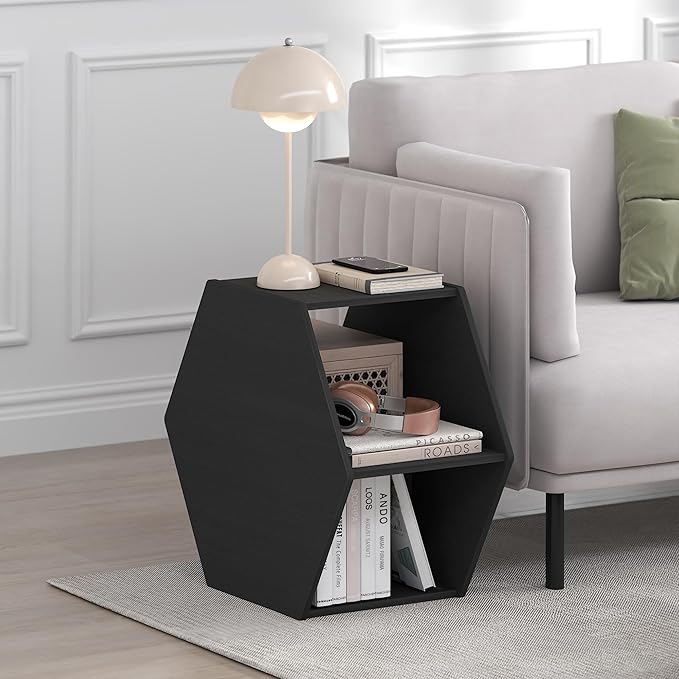Furinno Modern Hexagonal Coffee Table, Unique Coffee Table, Center Table with Open Storage Shelf, Americano-NeatNest