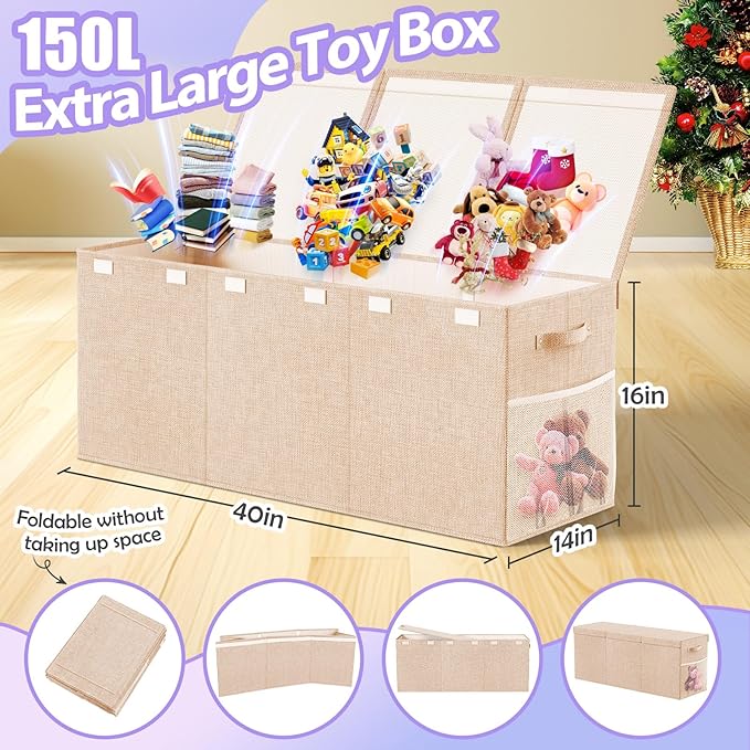 Extra Large Toy Storage Box with Lid Divider, Sturdy Collapsible Toys Organizer Chest Kids Storage Bins Boxes Baskets for Boys, Girls, Nursery, Bedroom, Living Room, Playroom, 40"x14"x16", Beige