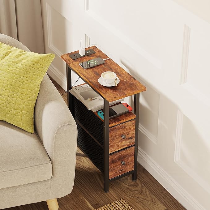 End Table with Charging Station, Narrow Side Table with 2 Fabric Drawers, Skinny Nightstand with LED Light, Slim Bedside Table for Bedroom, Living Room, Small Spaces, Rustic Brown