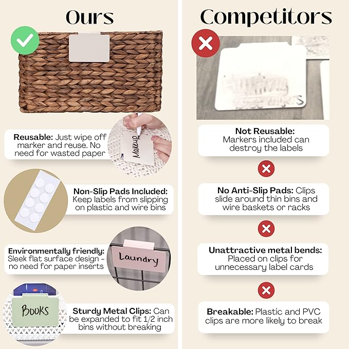 Hygge & Sage: Metal Non-Slip Basket Labels Clip On for Storage Bins, or Wire Racks | Includes 8 Labels, 8 Non-Slip Pads, and 1 Free Marker (Cream)