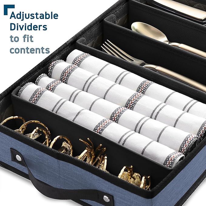 Flatware & Utensil Storage, Durable Silverware Storage Box with Padded Dividers, 5 Compartment Flatware Storage Case, Silverware Case with Handles, Protects and Organizes Cutlery, Blue-NeatNest