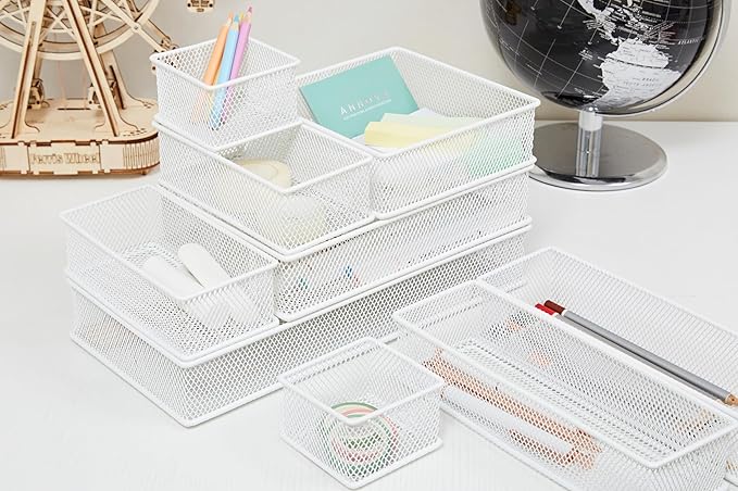 Annova Mesh Stackable Drawer Cabinet and Shelf Organizer Bins Storage Basket School Office Supply Holder Tray- Set of 2 (White, 3x6x2 Inch)-NeatNest