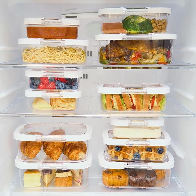 Felli Duo Loc Meal Prep Container for Refrigerator, Leak Proof Stackable Kitchen Tupperware for Leftovers Food Storage Travel Lunch Container for Adults, Small & Large Box (Fridge Organizer 12pk)