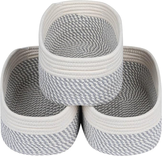 CubesLand Small Baskets, Storage Baskets for Organizing Shelves, Rectangular Woven Storage Basket Natural Cotton Rope Bins Closet Baby Nursery Empty Gifts Basket Off White/Mixed Gray-NeatNest