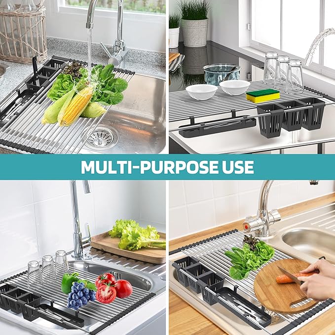 Extra Large Black Expandable Roll Up Dish Drying Rack Up to 22.8''with 2 Storage Baskets,Over The Sink Kitchen Rolling up Dish Drainer Dish Drying Rack in Sink, Foldable,Rollable,for Kitchen Dishes