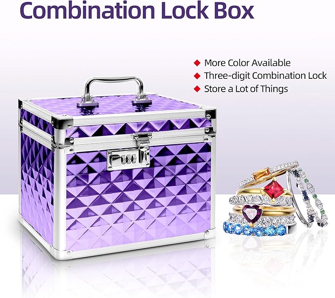 Medication Combination Lock Boxes with Code for Personal Items, Medicine Lockbox for Documents 10 x 7.25 x 7.75 Inches Plaid Purple