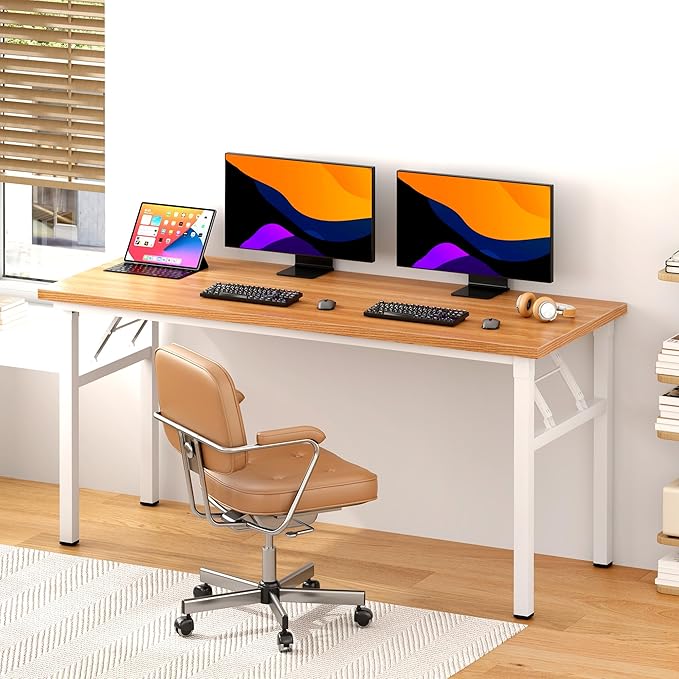 DlandHome Computer Desk 62 inches Office Desk Computer Table Study Writing Desk Workstation for Home Office Metal Frame Teak and White-NeatNest