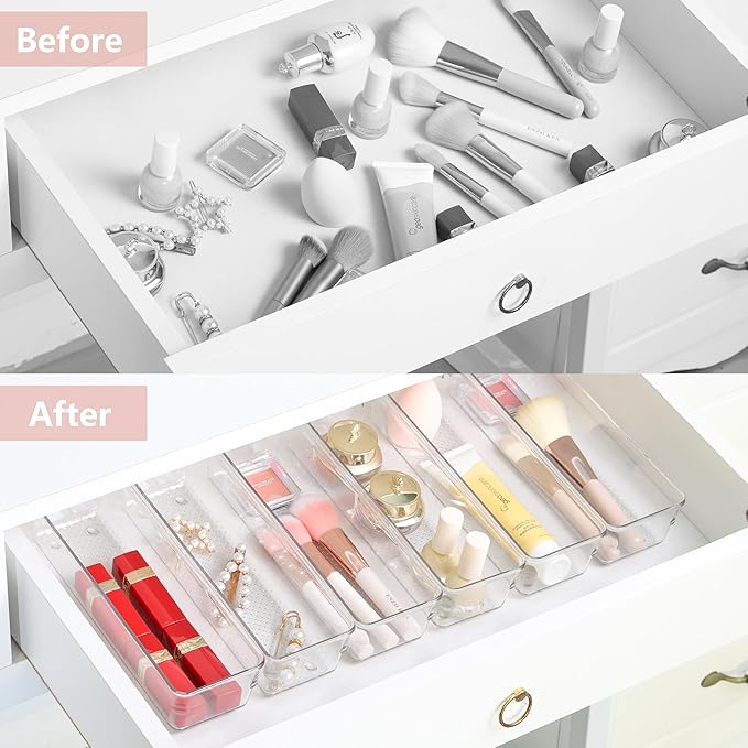 ihomecooker 6 Set Clear Plastic Junk Drawer Organizer Vanity Curlery Utensil Makeups Organizer for Kitchen 9''X 3''-NeatNest
