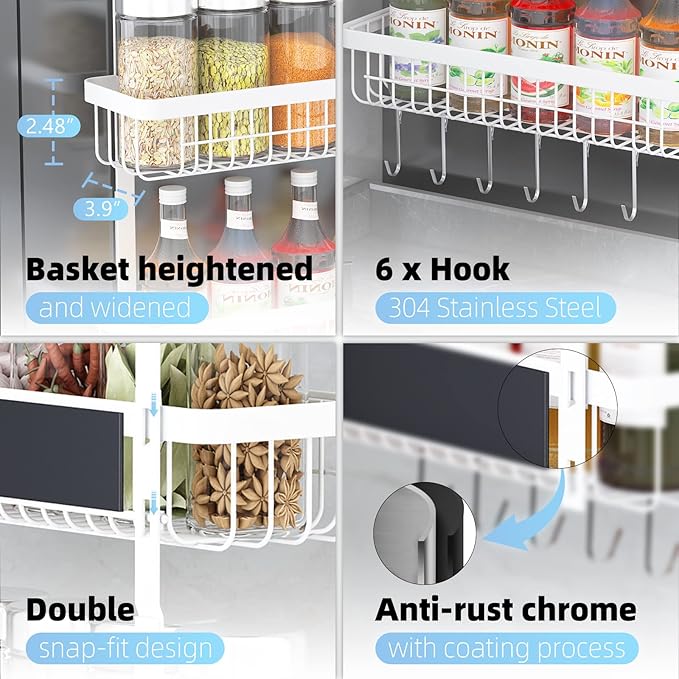 Warome Magnetic Spice Rack for Refrigerator, 4 Tier Shelf Organizer with Strong Magnets, Kitchen Storage Gadget with Utility Hooks