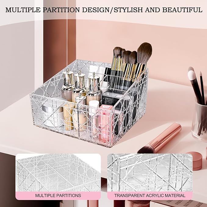Acrylic Makeup Organizer, Clear Cosmetic Brush Storage Box With 4 Brush Holders,Large-capacity Split Design Can Quickly Organize the Desktop Skincare, Hair Tools, Brushes,Perfume-NeatNest