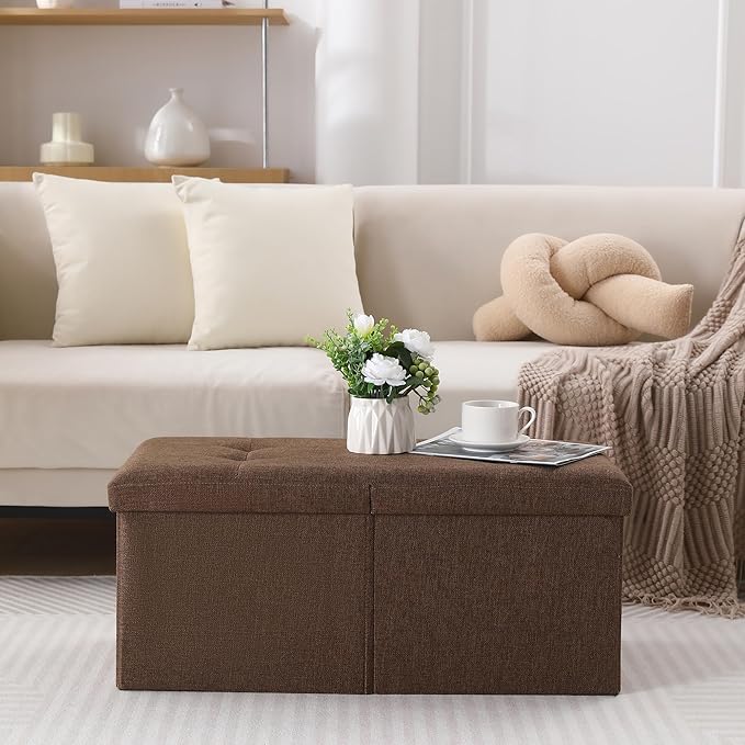 CUYOCA Storage Ottoman Bench Foldable Seat Footrest Shoe Bench End of Bed Storage with Flipping Lid, 75L Storage Space, 30 inches Linen Fabric Brown-NeatNest