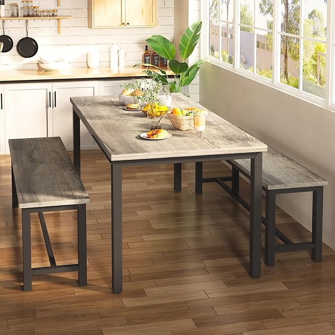 DKLGG Dining Room Table Set for 4, 47" Farmhouse Dining Table with Benches 3 Pieces Rectangular Kitchen & Dining Room Sets for Small Space, Restaurant, Apartment, Grey & Black-NeatNest