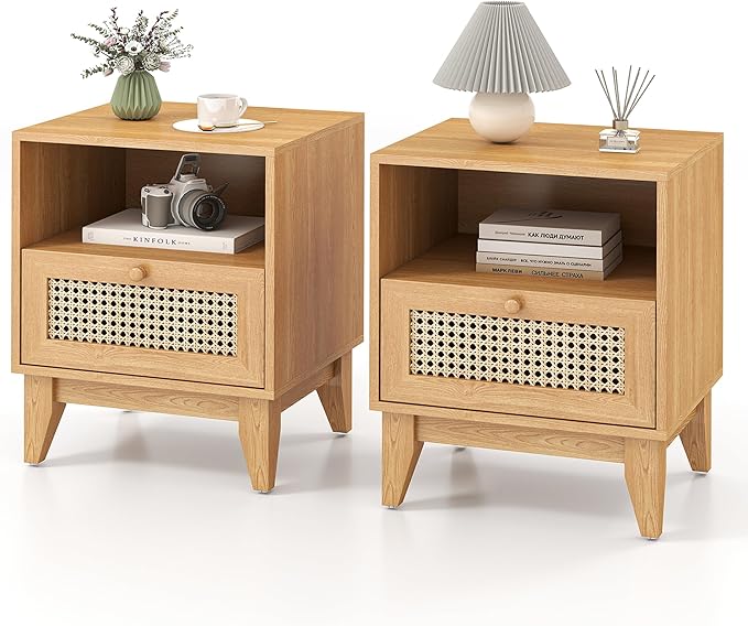 Oak Rattan Nightstands Set of 2 Rustic Bedside Tables with Storage Drawer and Opening Shelf for Bedroom Farmhouse Wood End Tables of 2 for Living Room