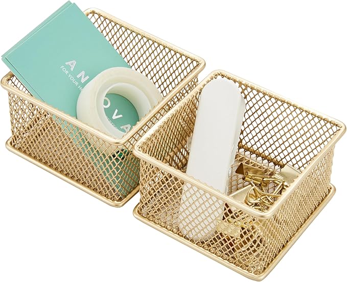 Annova Stackable Mesh Drawer Cabinet and Shelf Organizer Bins Storage Basket School Office Supply Holder Tray- Set of 2 (Gold, 3x3x2 Inch)-NeatNest