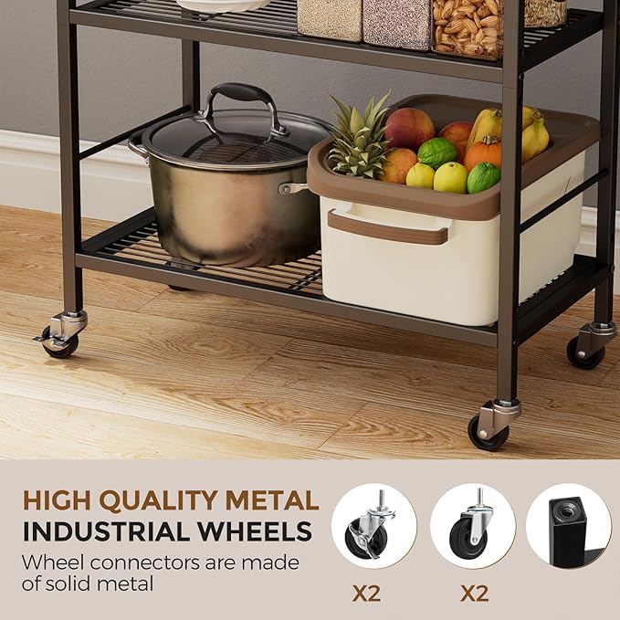 3-Tier Metal Storage Rack with Industrial Wheels,Mesh Shelving Unit with Wooden Table top,Adjustable Shelf,23.6-Inch Width,15.8-Inch Depth, for Kitchen, Laundry,Pantry,Plant,Black
