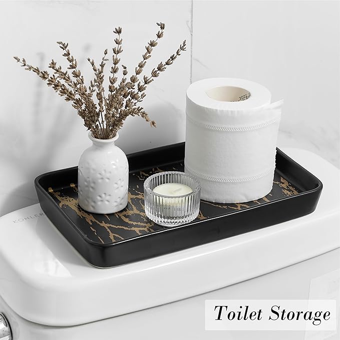 Bathroom Vanity Tray for Countertop,2PC Rectangle Marble Tray Set,Decorative Bathroom Organizer for Scrubber, Lotion Bottles, Perfume, Jewelry, Candle, Key Trinket Ring(Large,Black)-NeatNest