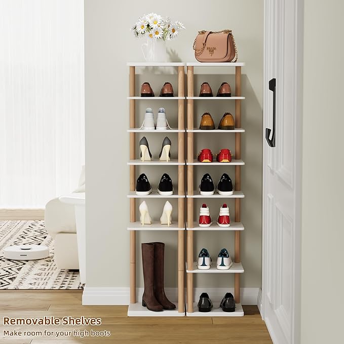 8-Tier Tall Shoe Rack, Narrow Wooden Shoe Organizer for Entryway, Closet, Dorm, Small Spaces, Freestanding Vertical Shoe Shelf for Sneakers, Boots & Heels-NeatNest